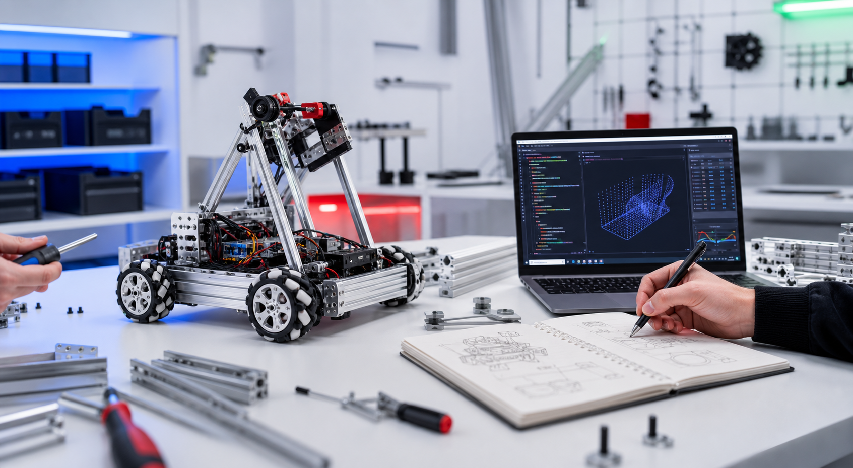 Robotics workbench with a competition robot and engineering tools